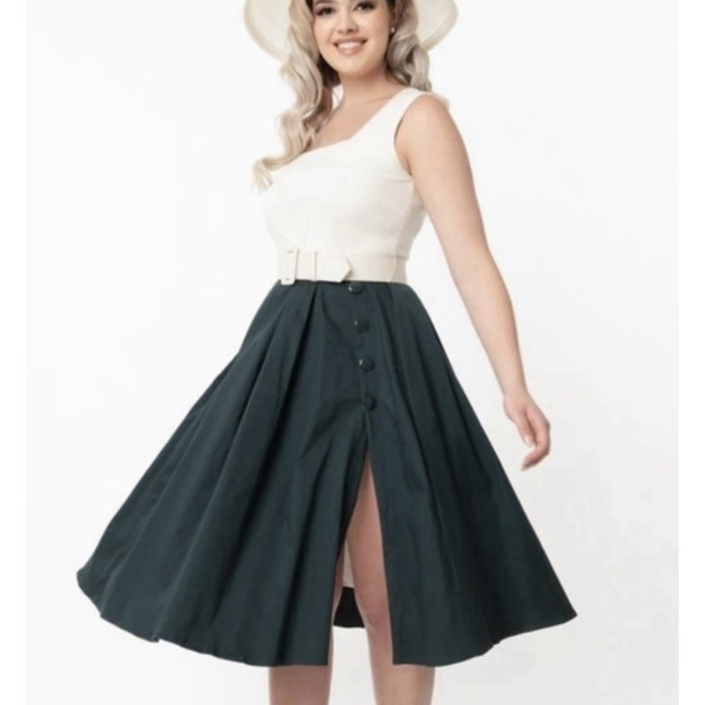 Collectif Color-block MidiSwing Dress matching belt, Dark Green&Cream US 18 UK22